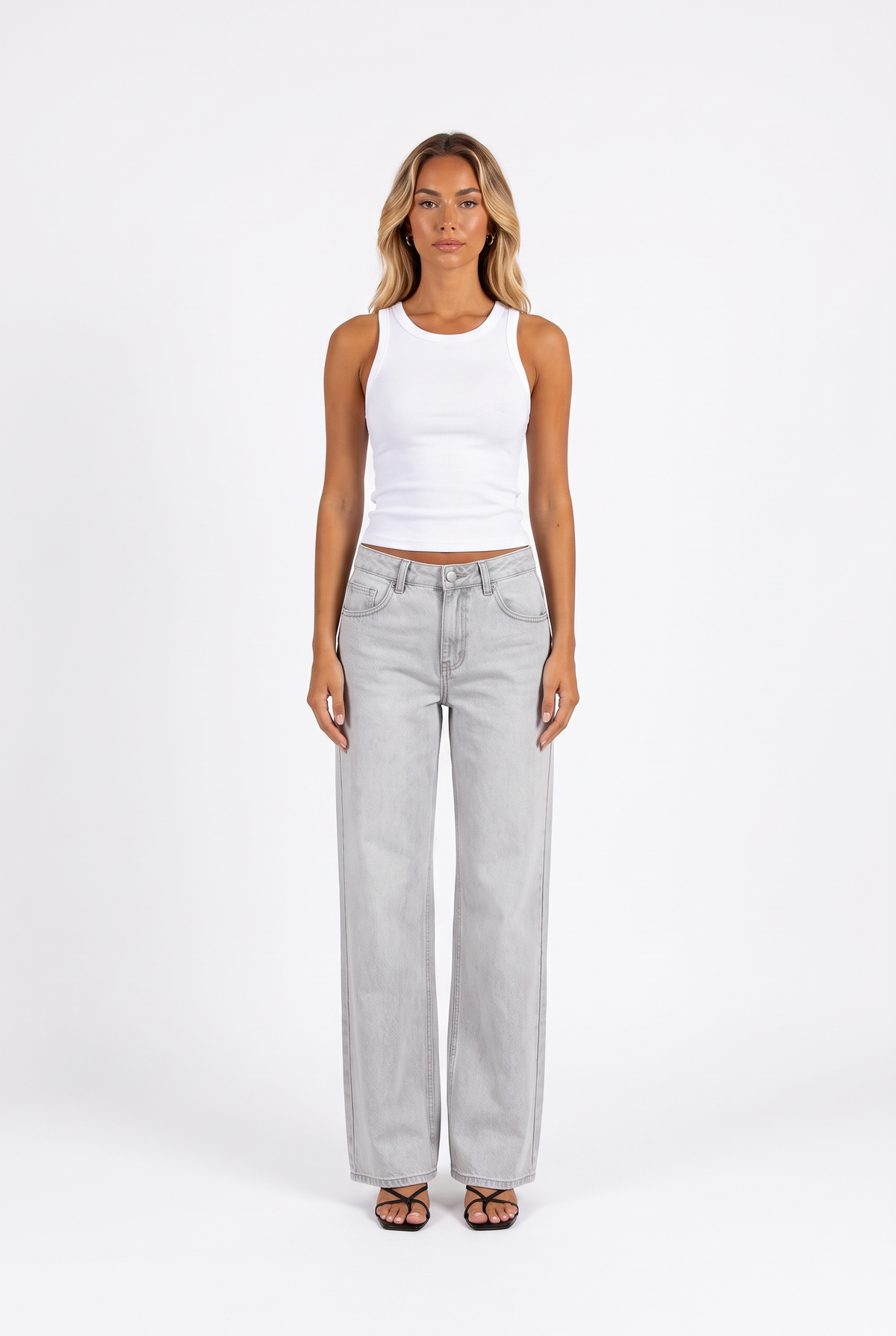 Grey wash low-rise wide-leg jeans — front