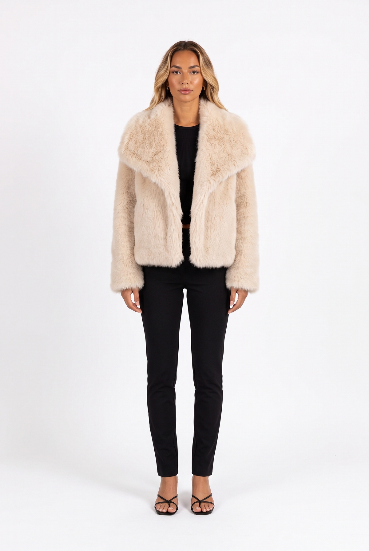Cream fluffy faux fur jacket with oversized shawl collar — front