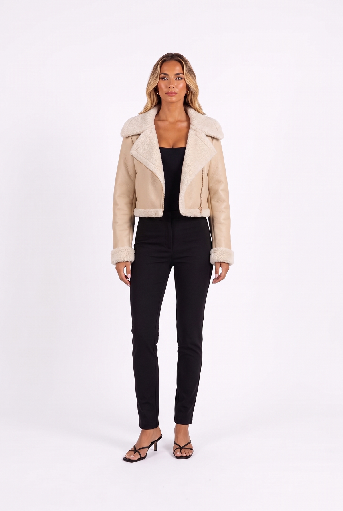 Cropped Moto Jacket with Faux Shearling Trim in beige — front